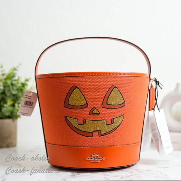 NWT Coach CW533 Trick Or Treat Bucket With Halloween Pumpkin Dark Orange - Picture 1 of 7